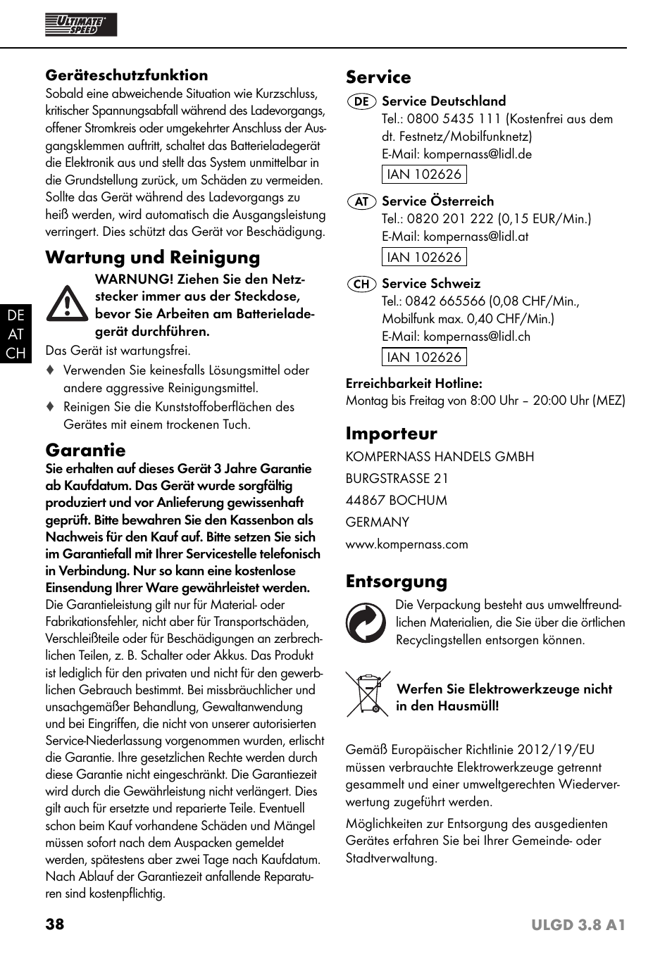 Wartung und reinigung, Garantie, Service | Importeur, Entsorgung | Ultimate Speed ULGD 3.8 A1 User Manual | Page 41 / 43