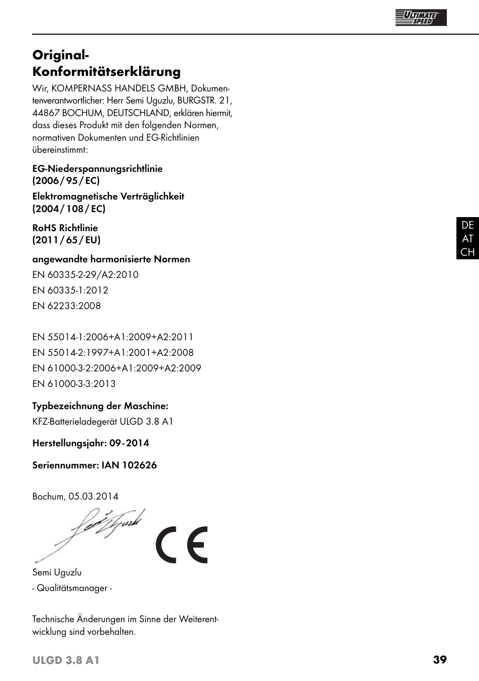 Original- konformitätserklärung | Ultimate Speed ULGD 3.8 A1 User Manual | Page 42 / 43