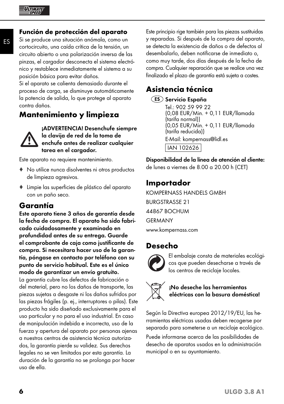 Mantenimiento y limpieza, Garantía, Asistencia técnica | Importador, Desecho | Ultimate Speed ULGD 3.8 A1 User Manual | Page 9 / 43