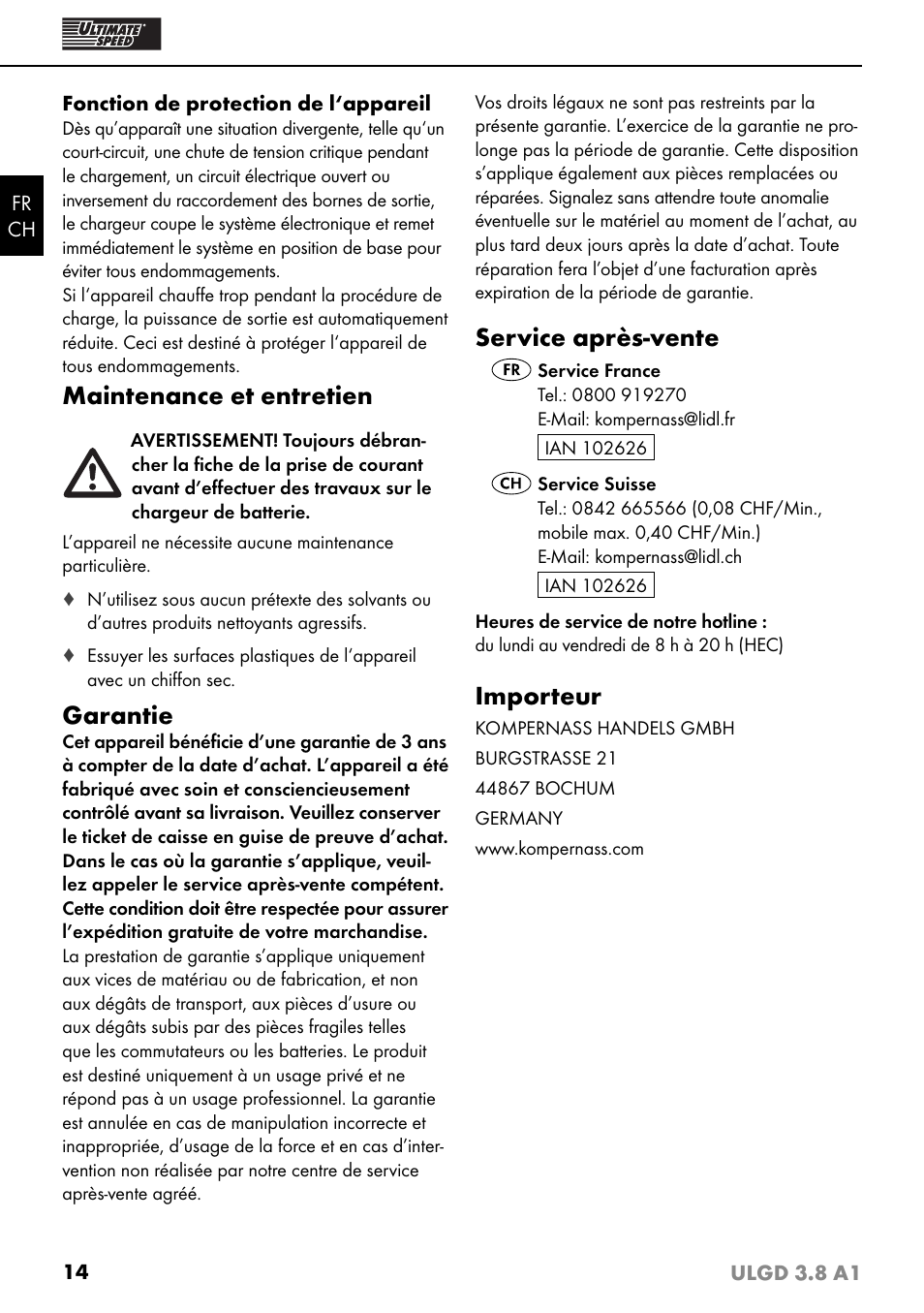 Maintenance et entretien, Garantie, Service après-vente | Importeur | Ultimate Speed ULGD 3.8 A1 User Manual | Page 17 / 35