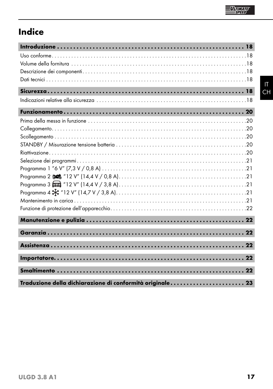 Indice | Ultimate Speed ULGD 3.8 A1 User Manual | Page 20 / 35