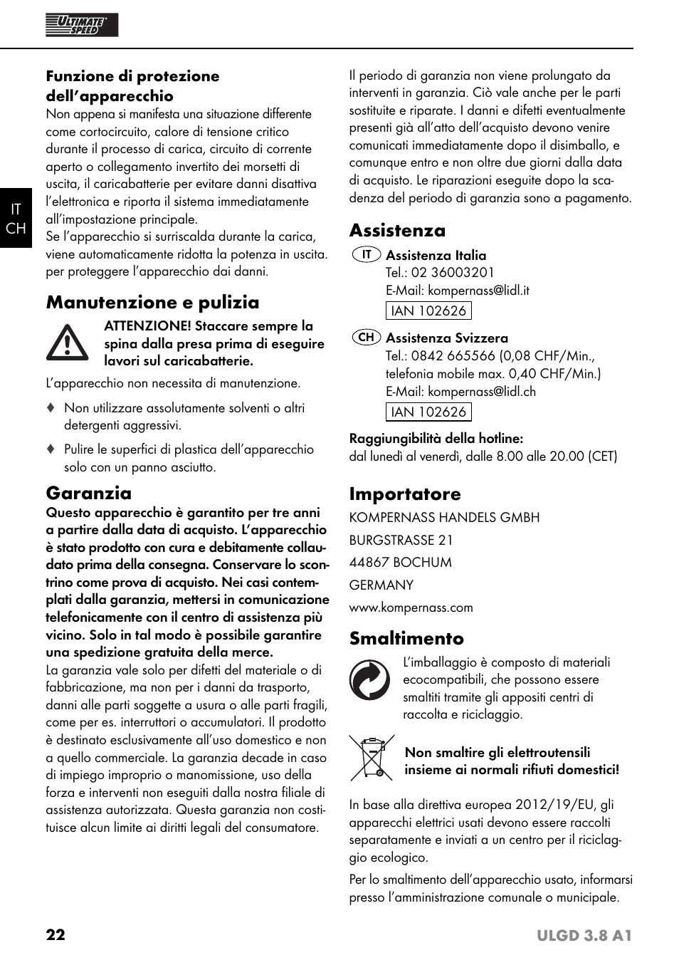 Manutenzione e pulizia, Garanzia, Assistenza | Importatore, Smaltimento | Ultimate Speed ULGD 3.8 A1 User Manual | Page 25 / 35
