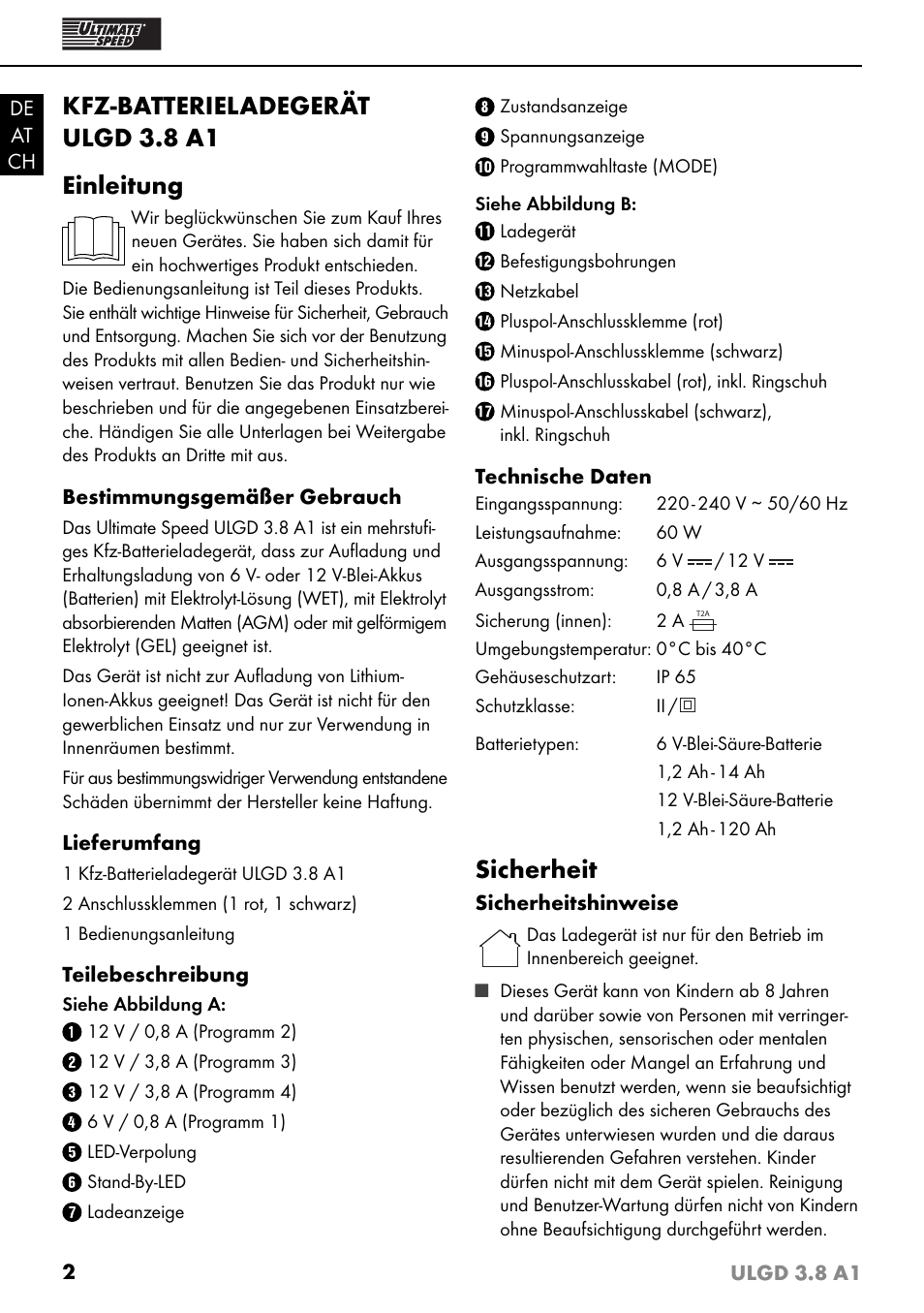 Kfz-batterieladegerät ulgd 3.8 a1 einleitung, Sicherheit | Ultimate Speed ULGD 3.8 A1 User Manual | Page 5 / 35