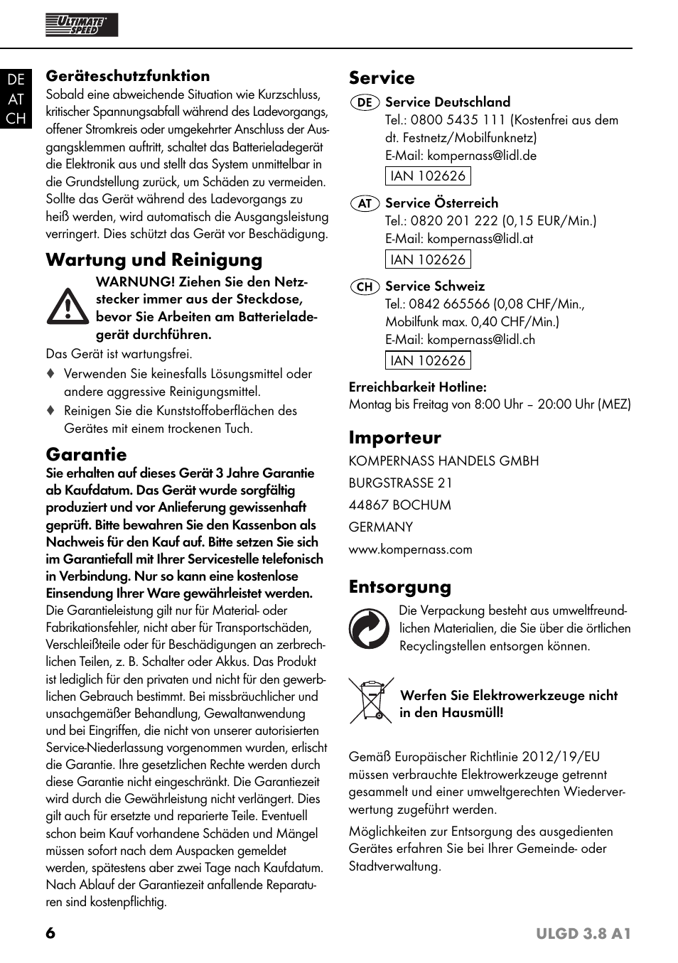 Wartung und reinigung, Garantie, Service | Importeur, Entsorgung | Ultimate Speed ULGD 3.8 A1 User Manual | Page 9 / 35