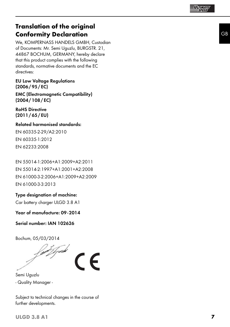 Translation of the original conformity declaration | Ultimate Speed ULGD 3.8 A1 User Manual | Page 10 / 51