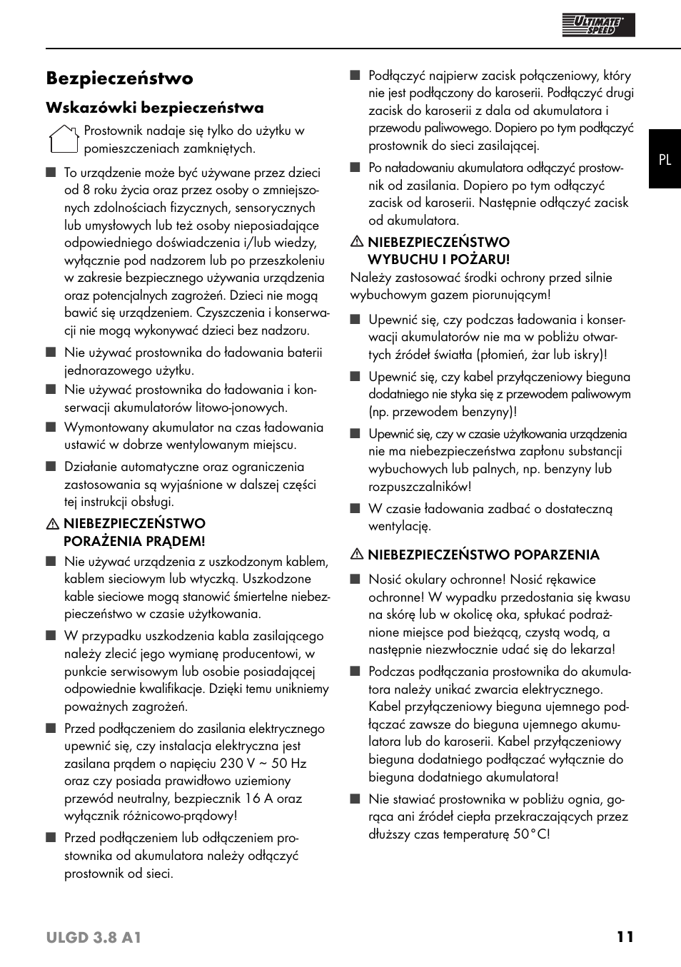 Bezpieczeństwo | Ultimate Speed ULGD 3.8 A1 User Manual | Page 14 / 51