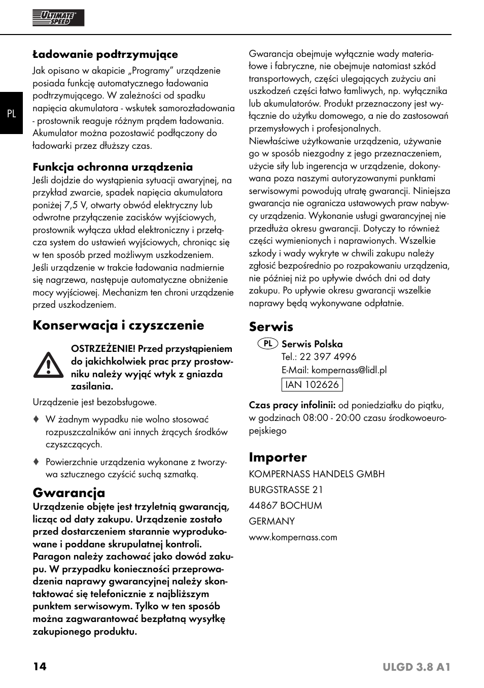 Konserwacja i czyszczenie, Gwarancja, Serwis | Importer | Ultimate Speed ULGD 3.8 A1 User Manual | Page 17 / 51