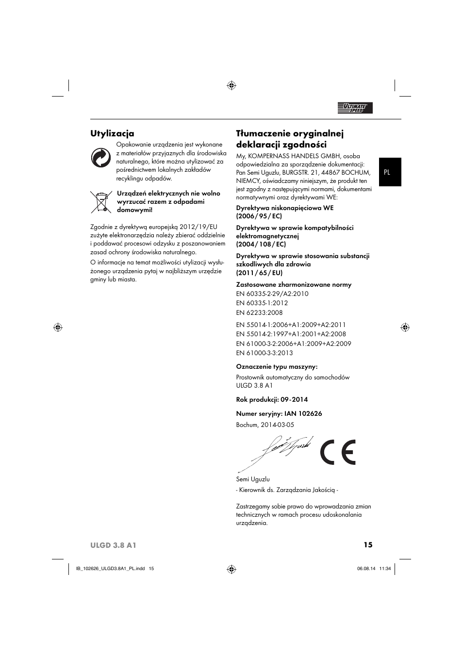 Utylizacja, Tłumaczenie oryginalnej deklaracji zgodności | Ultimate Speed ULGD 3.8 A1 User Manual | Page 18 / 51