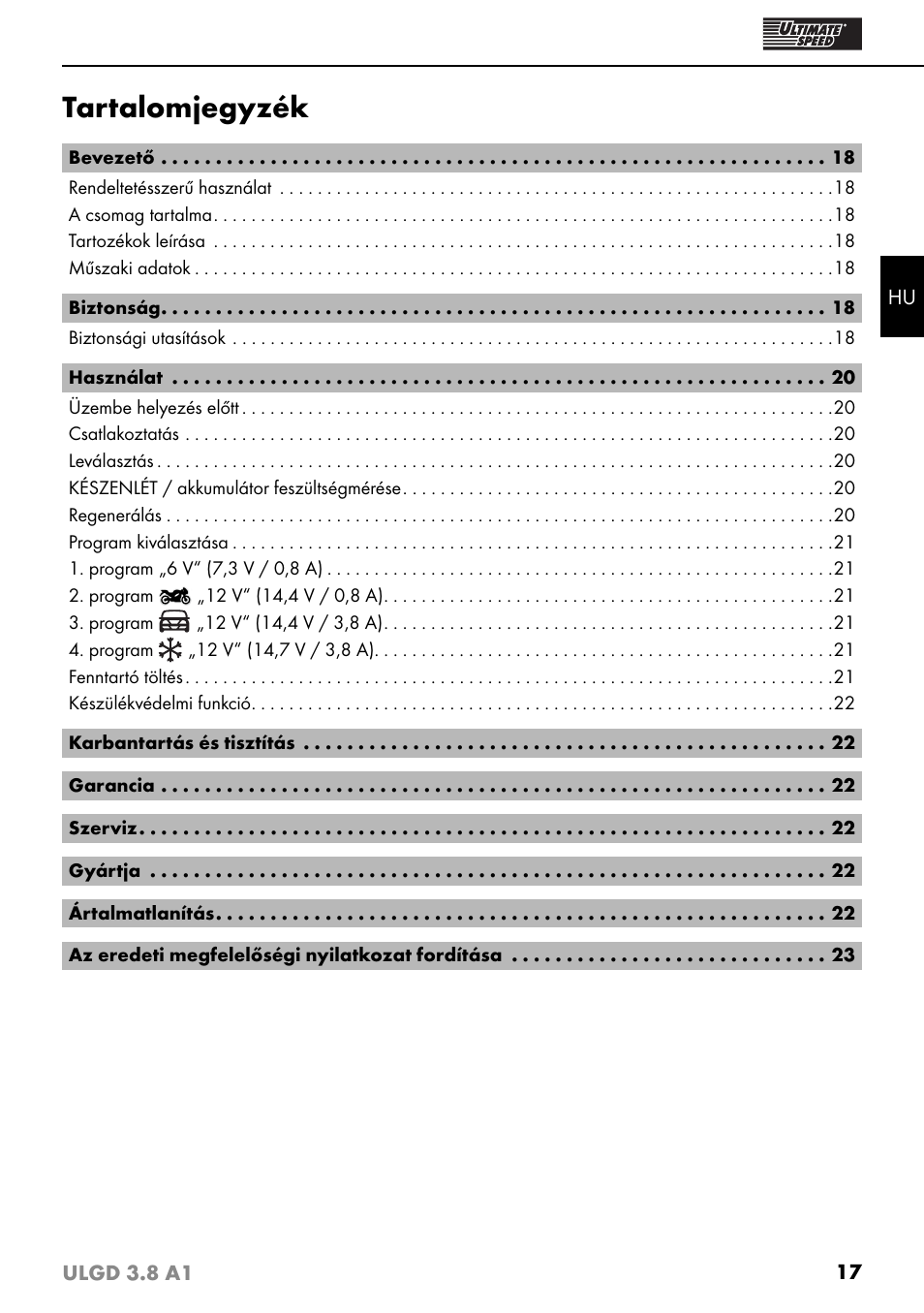 Tartalomjegyzék | Ultimate Speed ULGD 3.8 A1 User Manual | Page 20 / 51