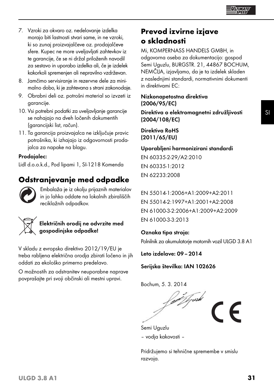 Odstranjevanje med odpadke, Prevod izvirne izjave o skladnosti | Ultimate Speed ULGD 3.8 A1 User Manual | Page 34 / 51