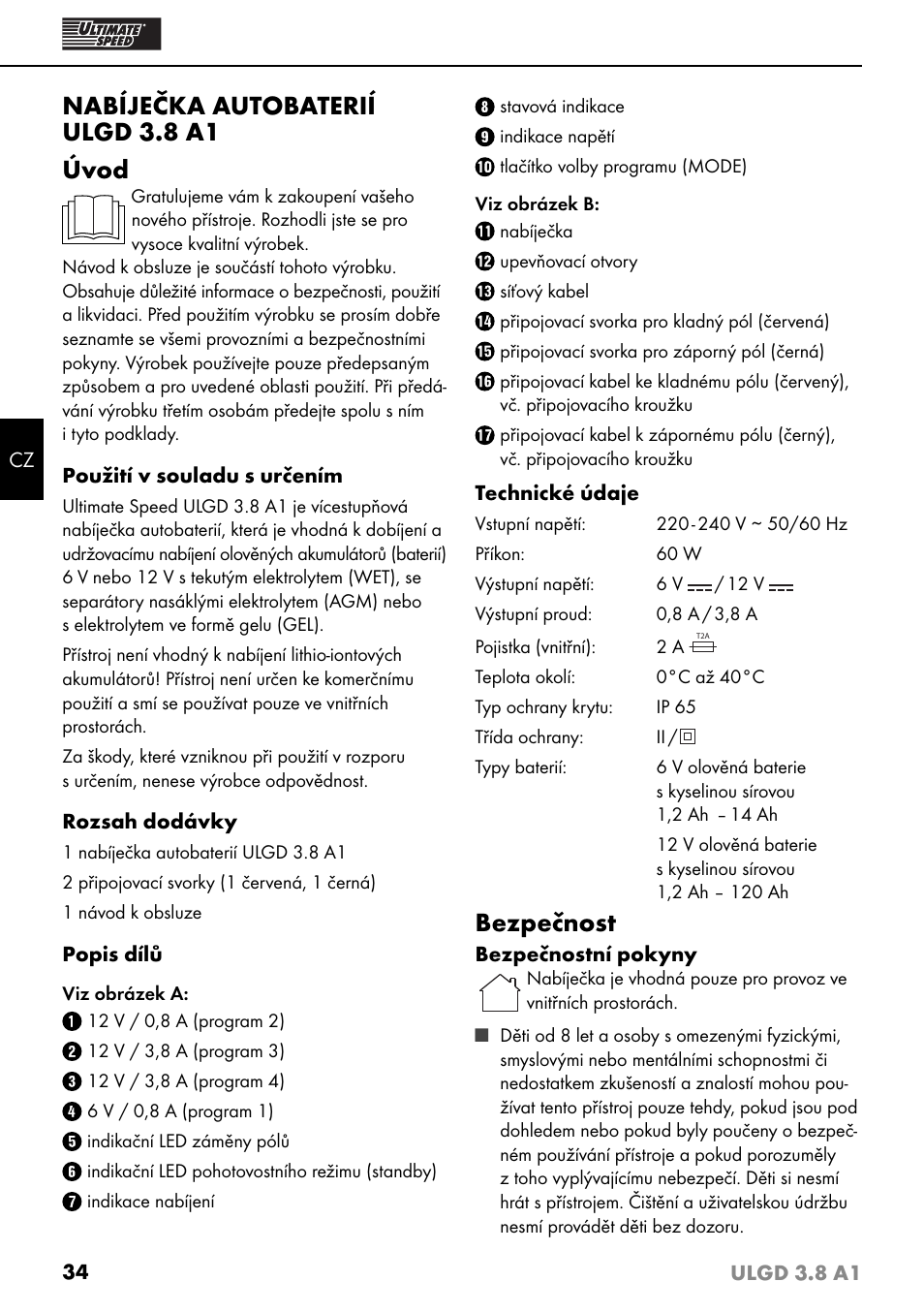 Nabíječka autobaterií ulgd 3.8 a1 úvod, Bezpečnost | Ultimate Speed ULGD 3.8 A1 User Manual | Page 37 / 51