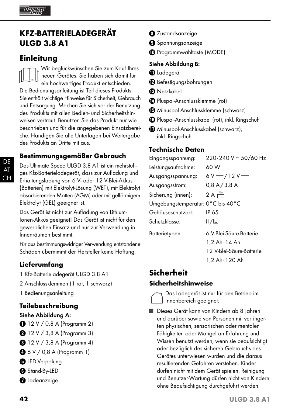 Kfz-batterieladegerät ulgd 3.8 a1 einleitung, Sicherheit | Ultimate Speed ULGD 3.8 A1 User Manual | Page 45 / 51