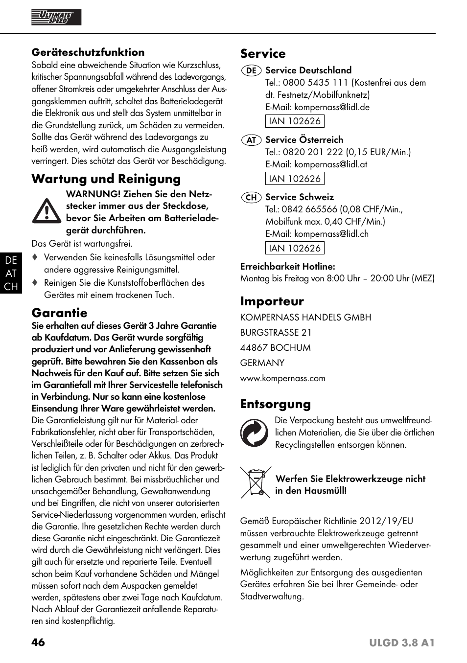 Wartung und reinigung, Garantie, Service | Importeur, Entsorgung | Ultimate Speed ULGD 3.8 A1 User Manual | Page 49 / 51