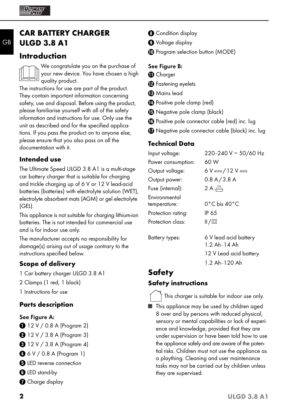 Car battery charger ulgd 3.8 a1 introduction, Safety | Ultimate Speed ULGD 3.8 A1 User Manual | Page 5 / 51