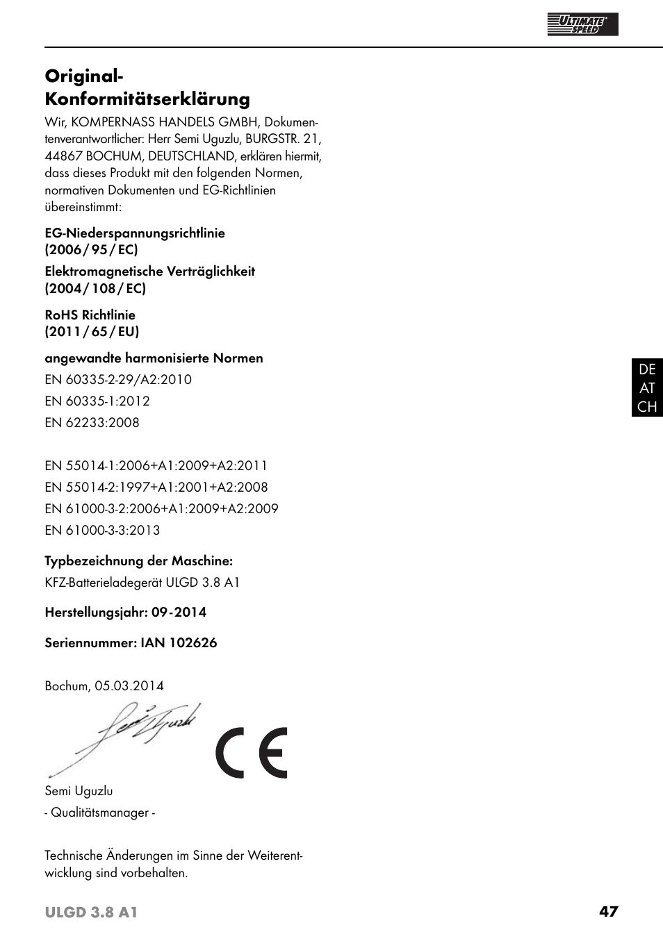 Original- konformitätserklärung | Ultimate Speed ULGD 3.8 A1 User Manual | Page 50 / 51