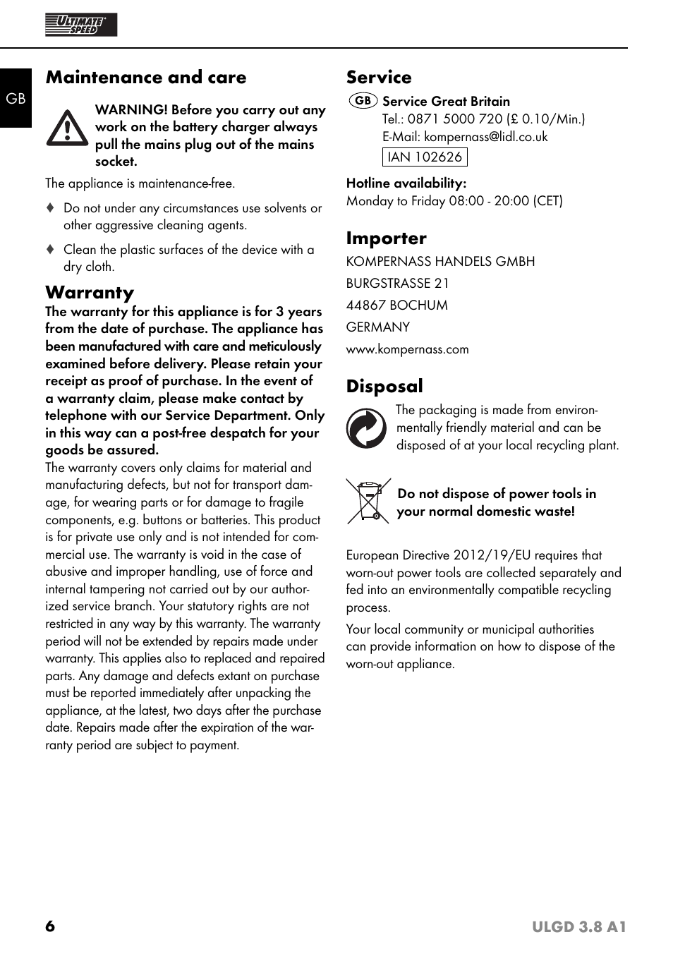 Maintenance and care, Warranty, Service | Importer, Disposal | Ultimate Speed ULGD 3.8 A1 User Manual | Page 9 / 51
