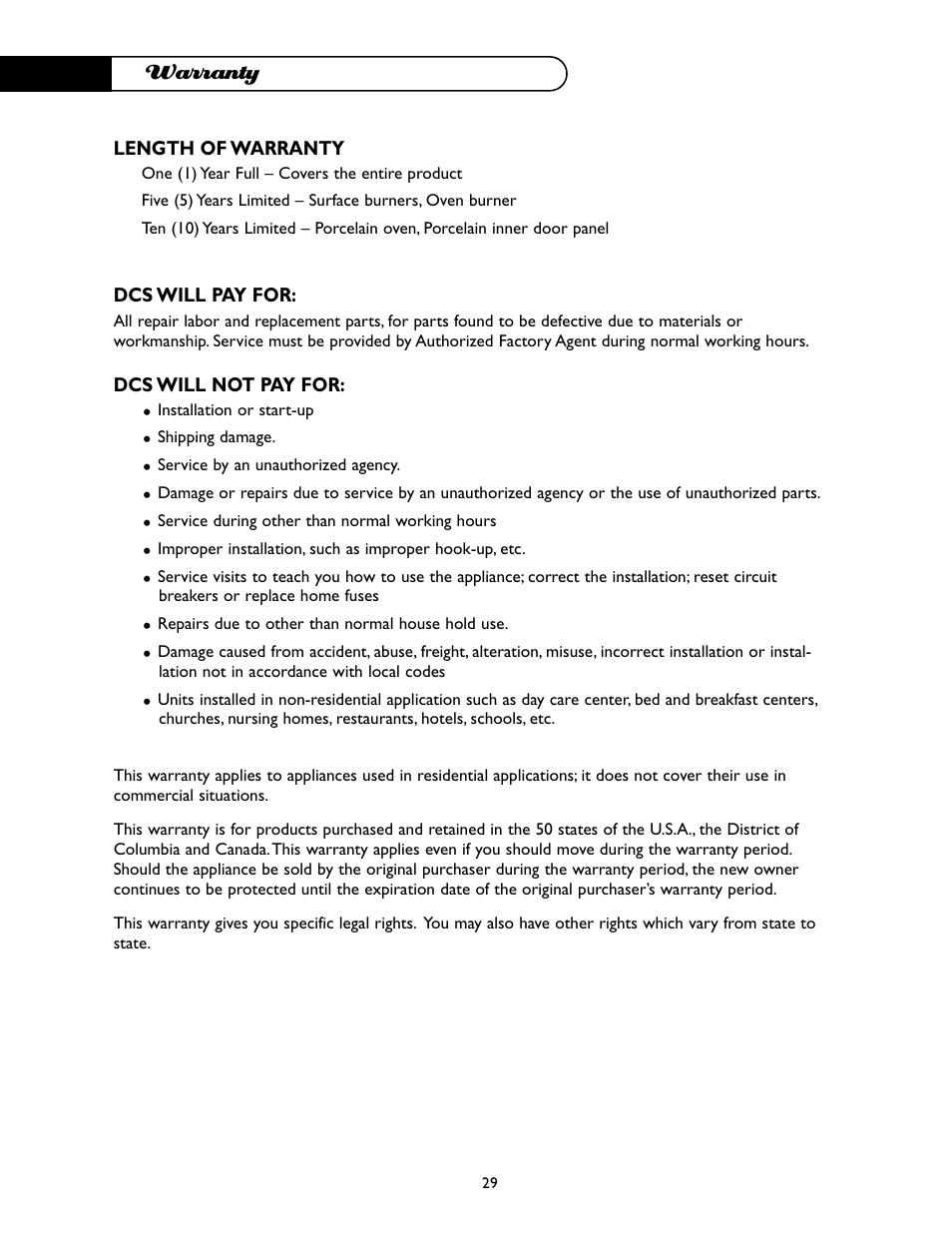 Warranty | DCS I RGSC-305BK User Manual | Page 30 / 34