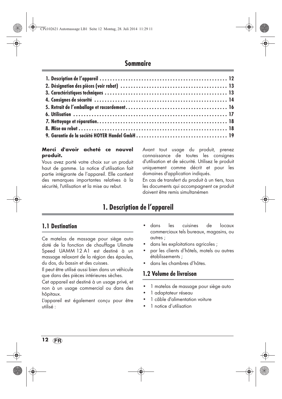 Sommaire, Description de l’appareil, 1 destination | 2 volume de livraison | Ultimate Speed UAMM 12 A1 User Manual | Page 14 / 42