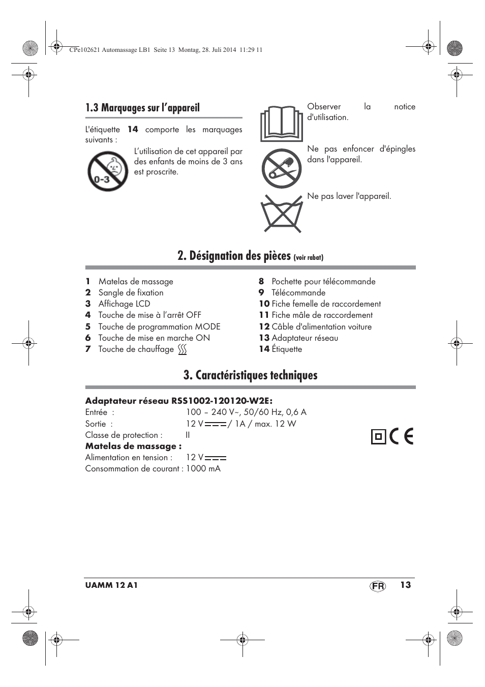 Désignation des pièces, Caractéristiques techniques, 3 marquages sur l’appareil | Ultimate Speed UAMM 12 A1 User Manual | Page 15 / 42