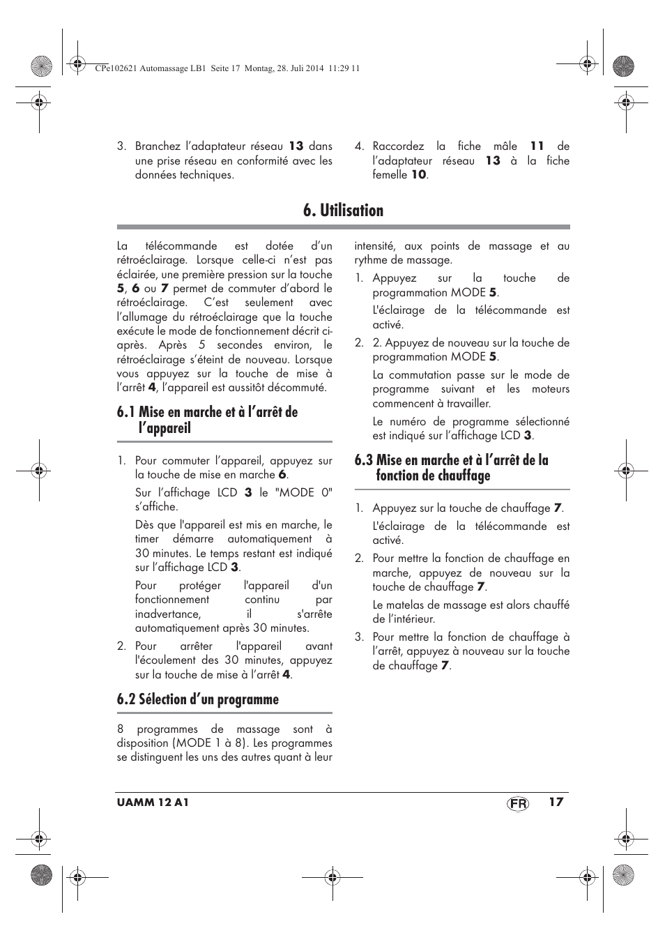 Utilisation, 1 mise en marche et à l’arrêt de l’appareil, 2 sélection d’un programme | Ultimate Speed UAMM 12 A1 User Manual | Page 19 / 42