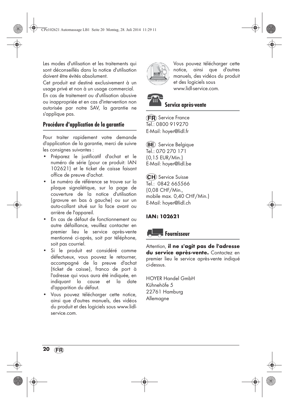 Procédure d'application de la garantie, Service après-vente, Fournisseur | Ultimate Speed UAMM 12 A1 User Manual | Page 22 / 42