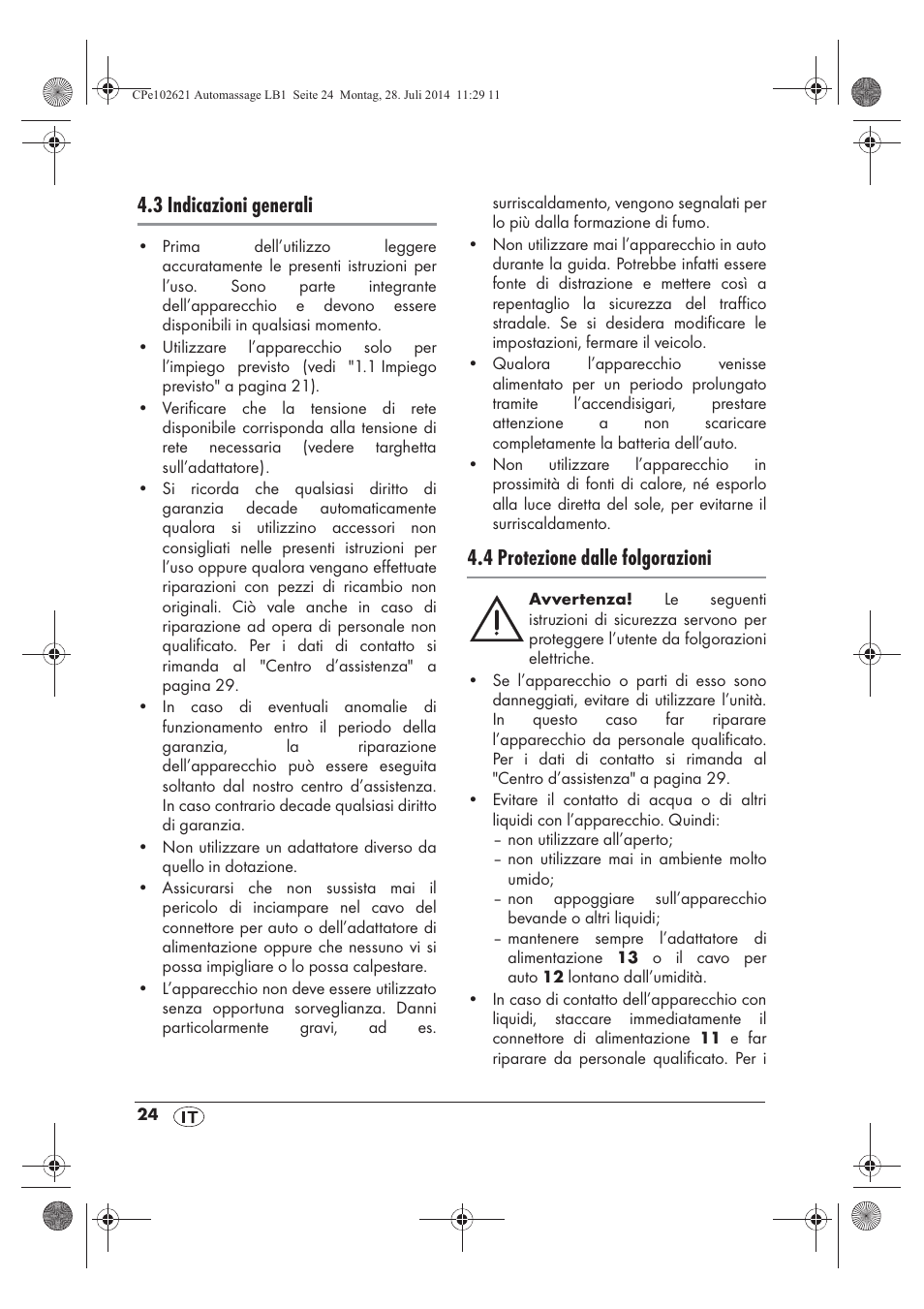 3 indicazioni generali, 4 protezione dalle folgorazioni | Ultimate Speed UAMM 12 A1 User Manual | Page 26 / 42