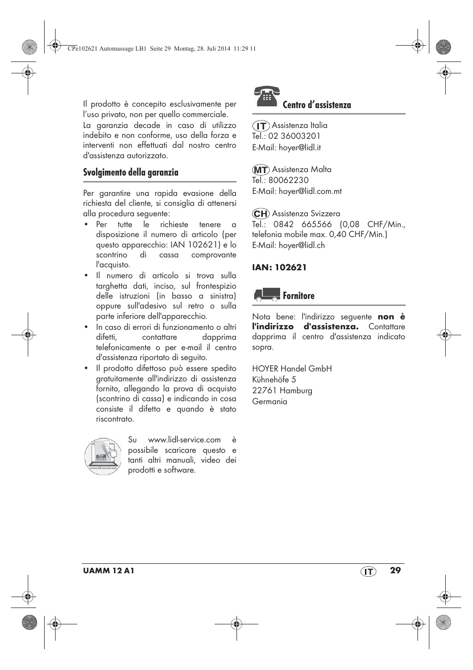 Svolgimento della garanzia, Centro d’assistenza, Fornitore | Ultimate Speed UAMM 12 A1 User Manual | Page 31 / 42