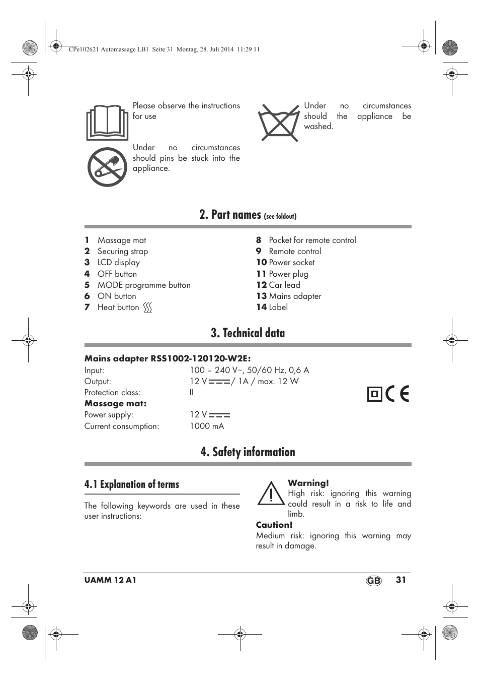 Part names, Technical data, Safety information | 1 explanation of terms | Ultimate Speed UAMM 12 A1 User Manual | Page 33 / 42