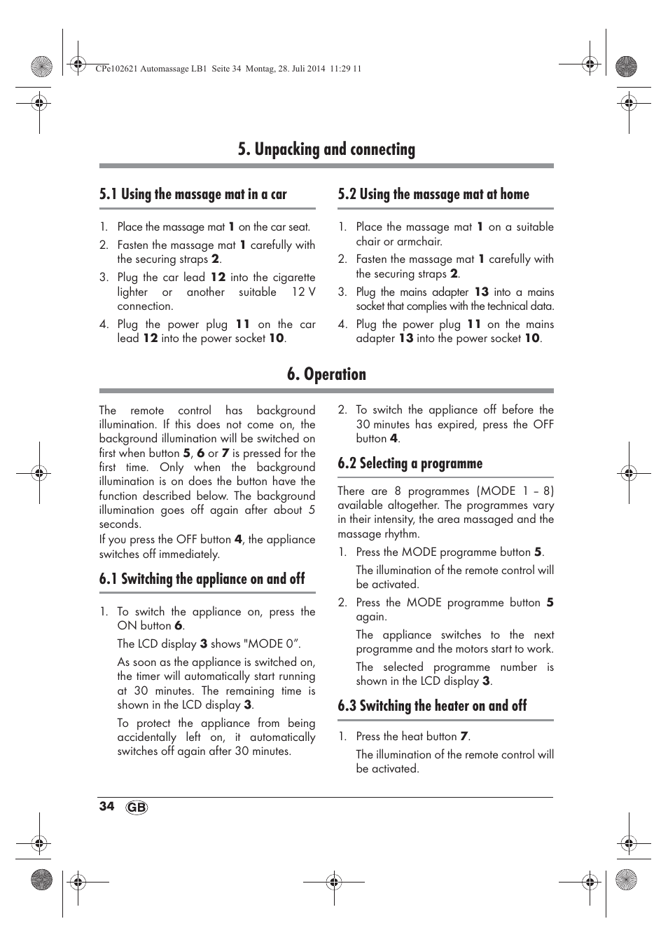 Unpacking and connecting, Operation, 1 using the massage mat in a car | 2 using the massage mat at home, 1 switching the appliance on and off, 2 selecting a programme, 3 switching the heater on and off | Ultimate Speed UAMM 12 A1 User Manual | Page 36 / 42