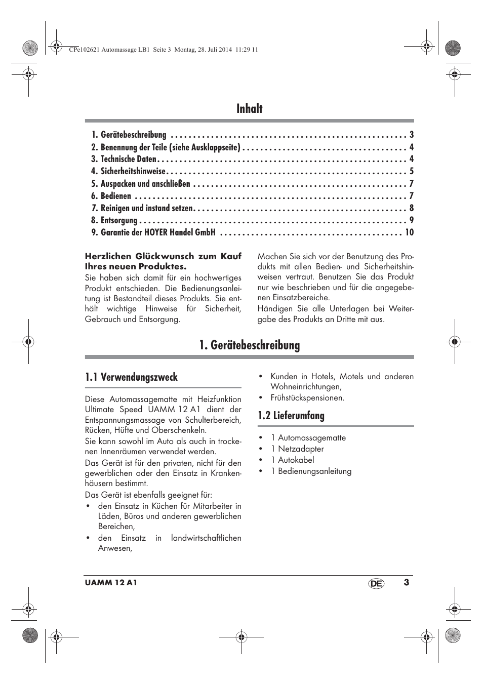 Inhalt, Gerätebeschreibung, 1 verwendungszweck | 2 lieferumfang | Ultimate Speed UAMM 12 A1 User Manual | Page 5 / 42