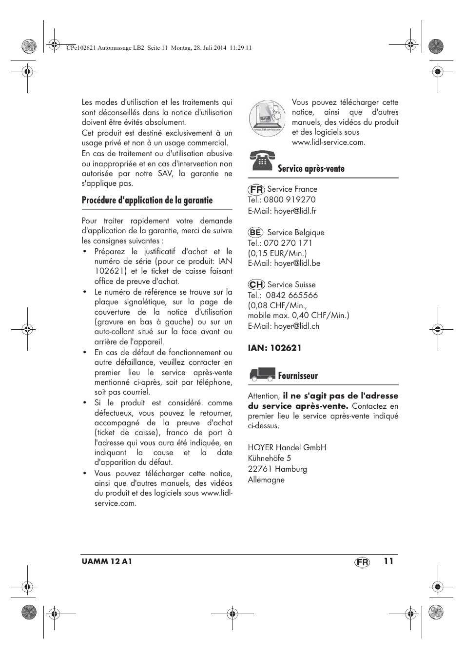 Procédure d'application de la garantie, Service après-vente, Fournisseur | Ultimate Speed UAMM 12 A1 User Manual | Page 13 / 42