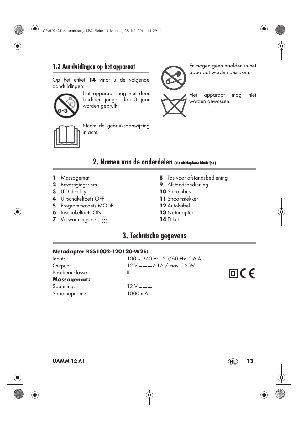 Namen van de onderdelen, Technische gegevens, 3 aanduidingen op het apparaat | Ultimate Speed UAMM 12 A1 User Manual | Page 15 / 42