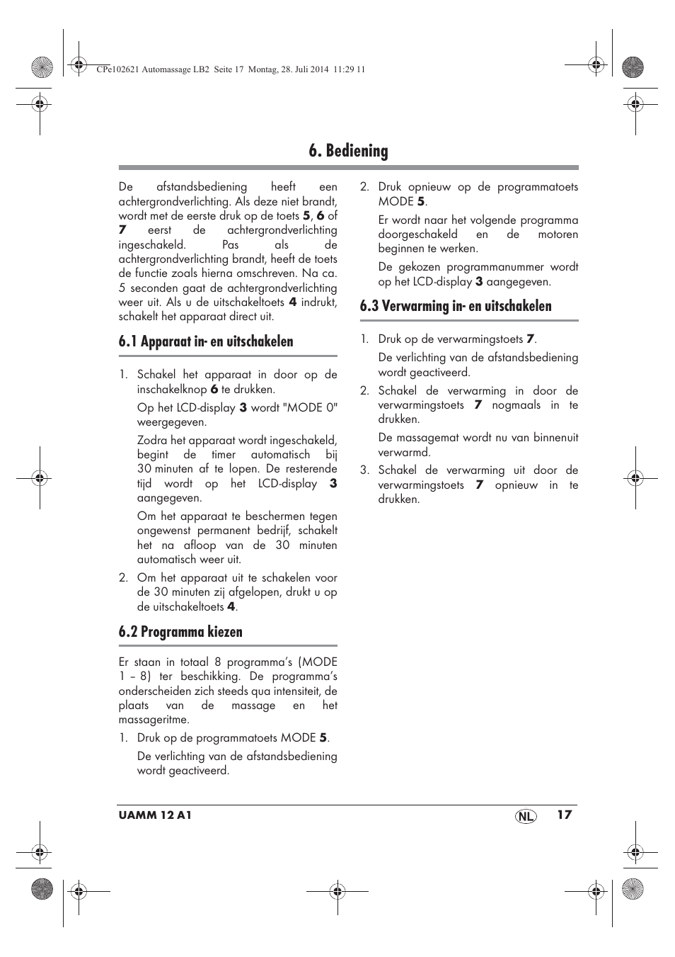 Bediening, 1 apparaat in- en uitschakelen, 2 programma kiezen | 3 verwarming in- en uitschakelen | Ultimate Speed UAMM 12 A1 User Manual | Page 19 / 42