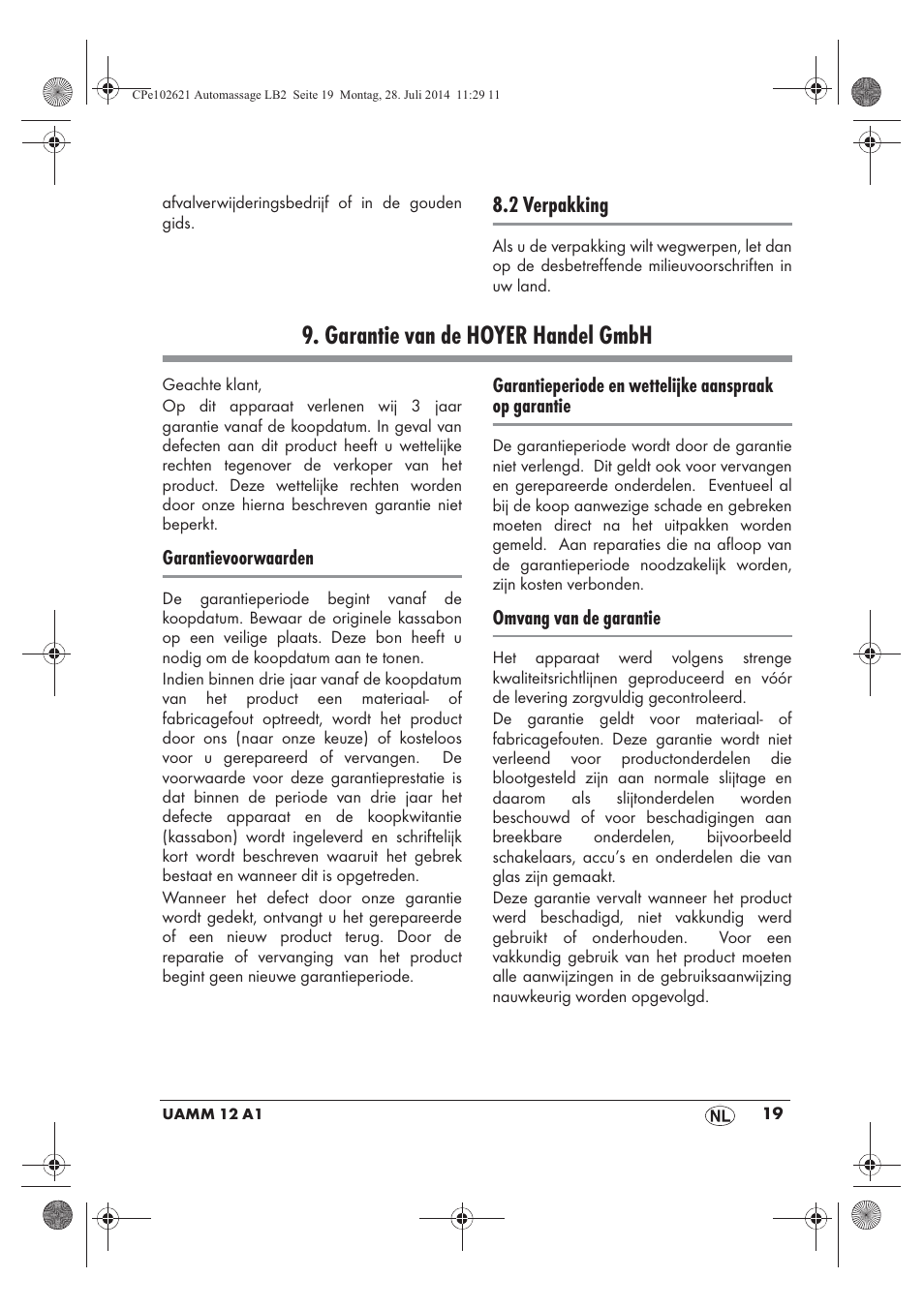 Garantie van de hoyer handel gmbh, 2 verpakking | Ultimate Speed UAMM 12 A1 User Manual | Page 21 / 42
