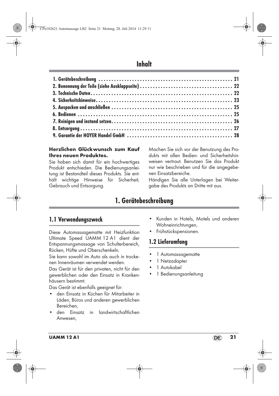 Inhalt, Gerätebeschreibung, 1 verwendungszweck | 2 lieferumfang | Ultimate Speed UAMM 12 A1 User Manual | Page 23 / 42