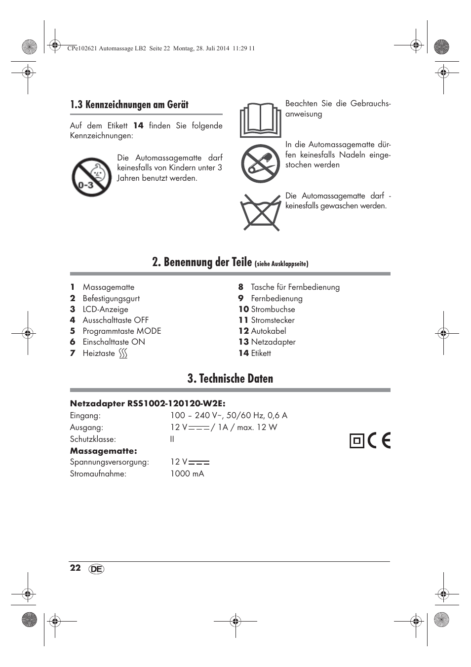Benennung der teile, Technische daten, 3 kennzeichnungen am gerät | Ultimate Speed UAMM 12 A1 User Manual | Page 24 / 42