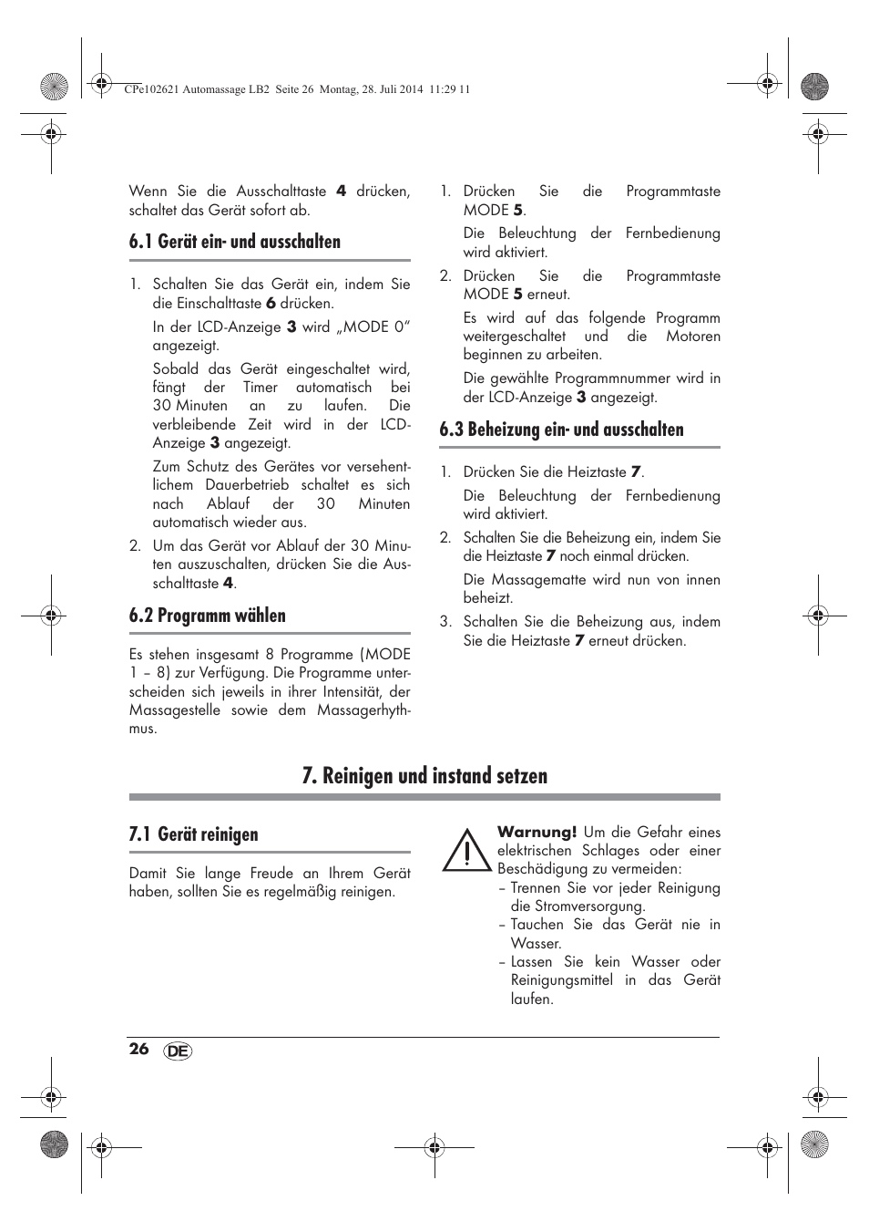 Reinigen und instand setzen, 1 gerät ein- und ausschalten, 2 programm wählen | 3 beheizung ein- und ausschalten, 1 gerät reinigen | Ultimate Speed UAMM 12 A1 User Manual | Page 28 / 42