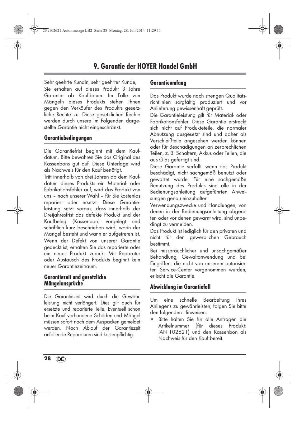 Garantie der hoyer handel gmbh | Ultimate Speed UAMM 12 A1 User Manual | Page 30 / 42