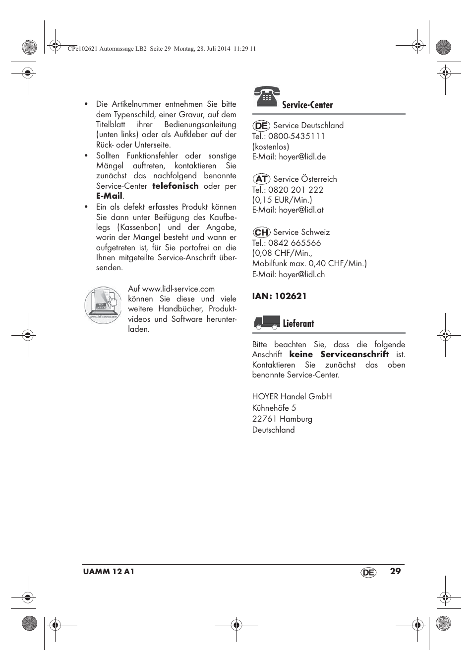 Service-center, Lieferant | Ultimate Speed UAMM 12 A1 User Manual | Page 31 / 42