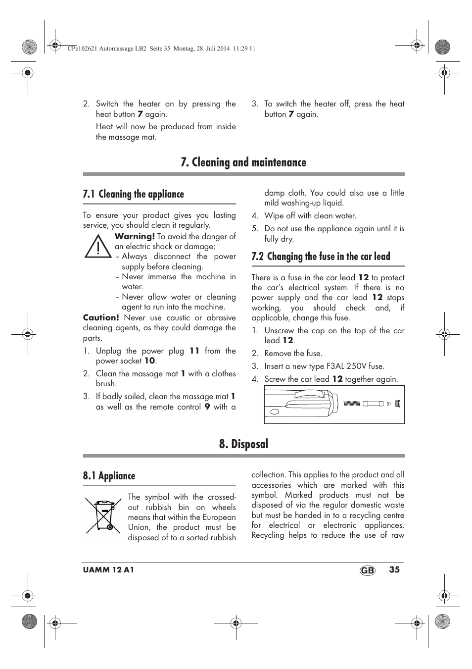 Cleaning and maintenance, Disposal, 1 cleaning the appliance | 2 changing the fuse in the car lead, 1 appliance | Ultimate Speed UAMM 12 A1 User Manual | Page 37 / 42