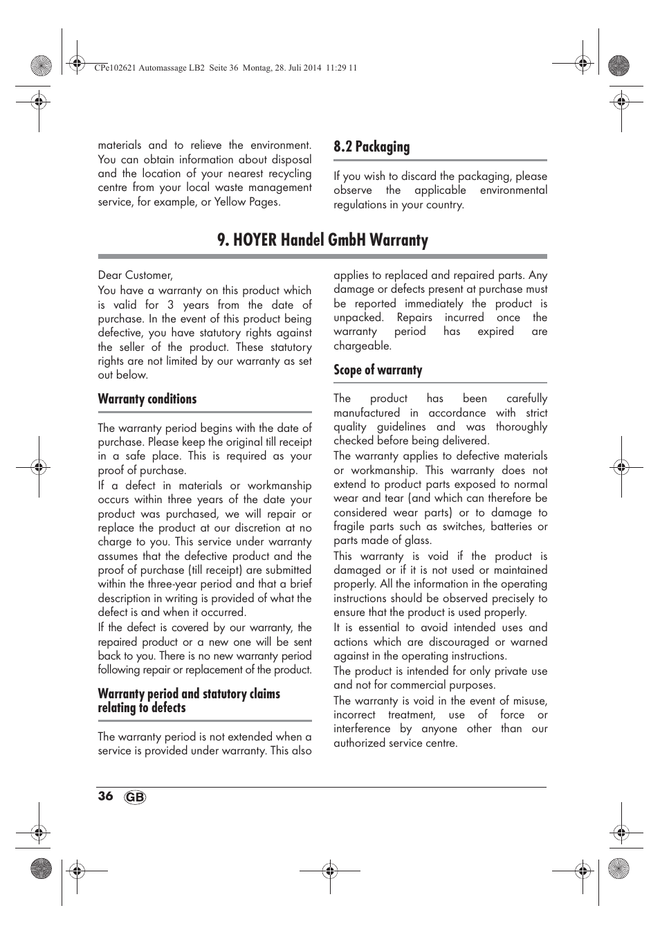 Hoyer handel gmbh warranty | Ultimate Speed UAMM 12 A1 User Manual | Page 38 / 42