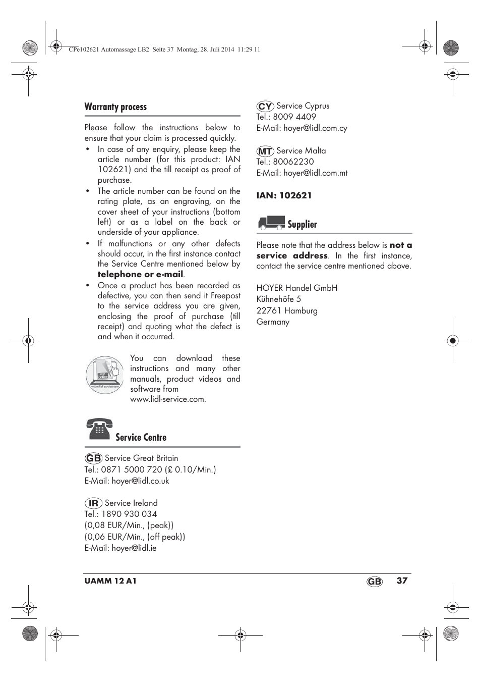 Warranty process, Service centre, Supplier | Ultimate Speed UAMM 12 A1 User Manual | Page 39 / 42