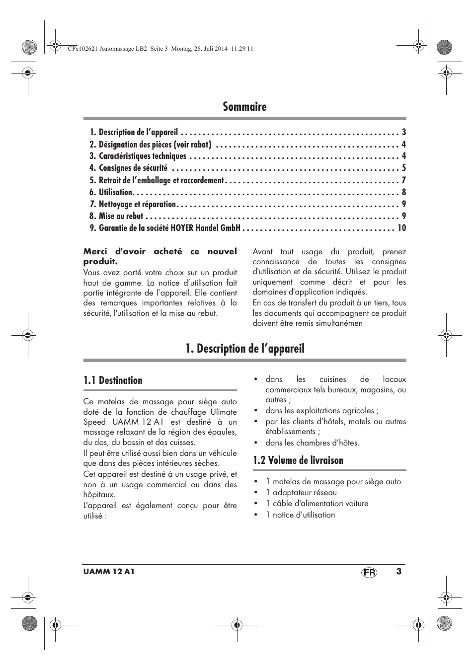 Sommaire, Description de l’appareil, 1 destination | 2 volume de livraison | Ultimate Speed UAMM 12 A1 User Manual | Page 5 / 42