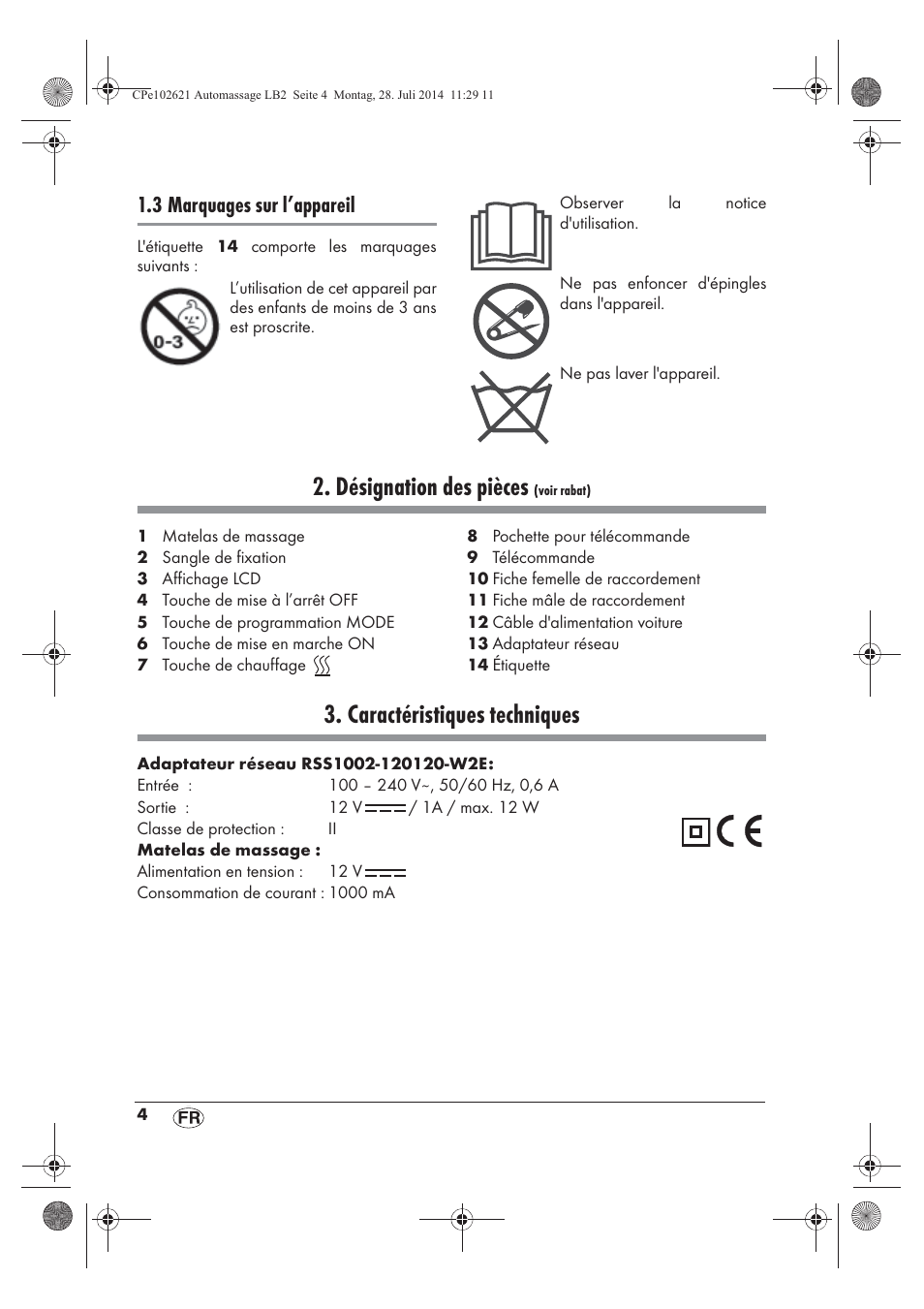 Désignation des pièces, Caractéristiques techniques, 3 marquages sur l’appareil | Ultimate Speed UAMM 12 A1 User Manual | Page 6 / 42