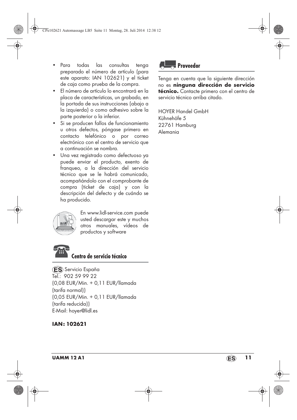 Centro de servicio técnico, Proveedor | Ultimate Speed UAMM 12 A1 User Manual | Page 13 / 50