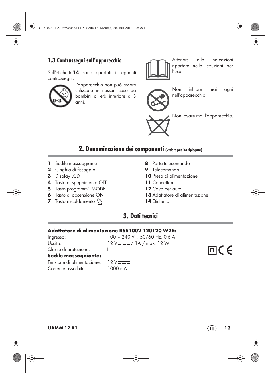 Denominazione dei componenti, Dati tecnici, 3 contrassegni sull’apparecchio | Ultimate Speed UAMM 12 A1 User Manual | Page 15 / 50