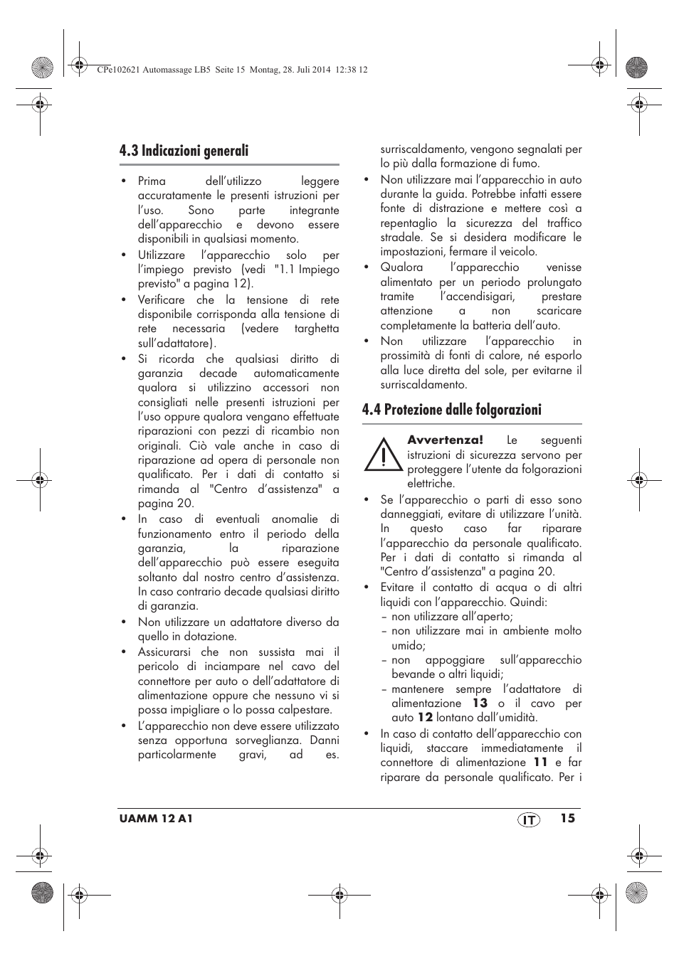 3 indicazioni generali, 4 protezione dalle folgorazioni | Ultimate Speed UAMM 12 A1 User Manual | Page 17 / 50