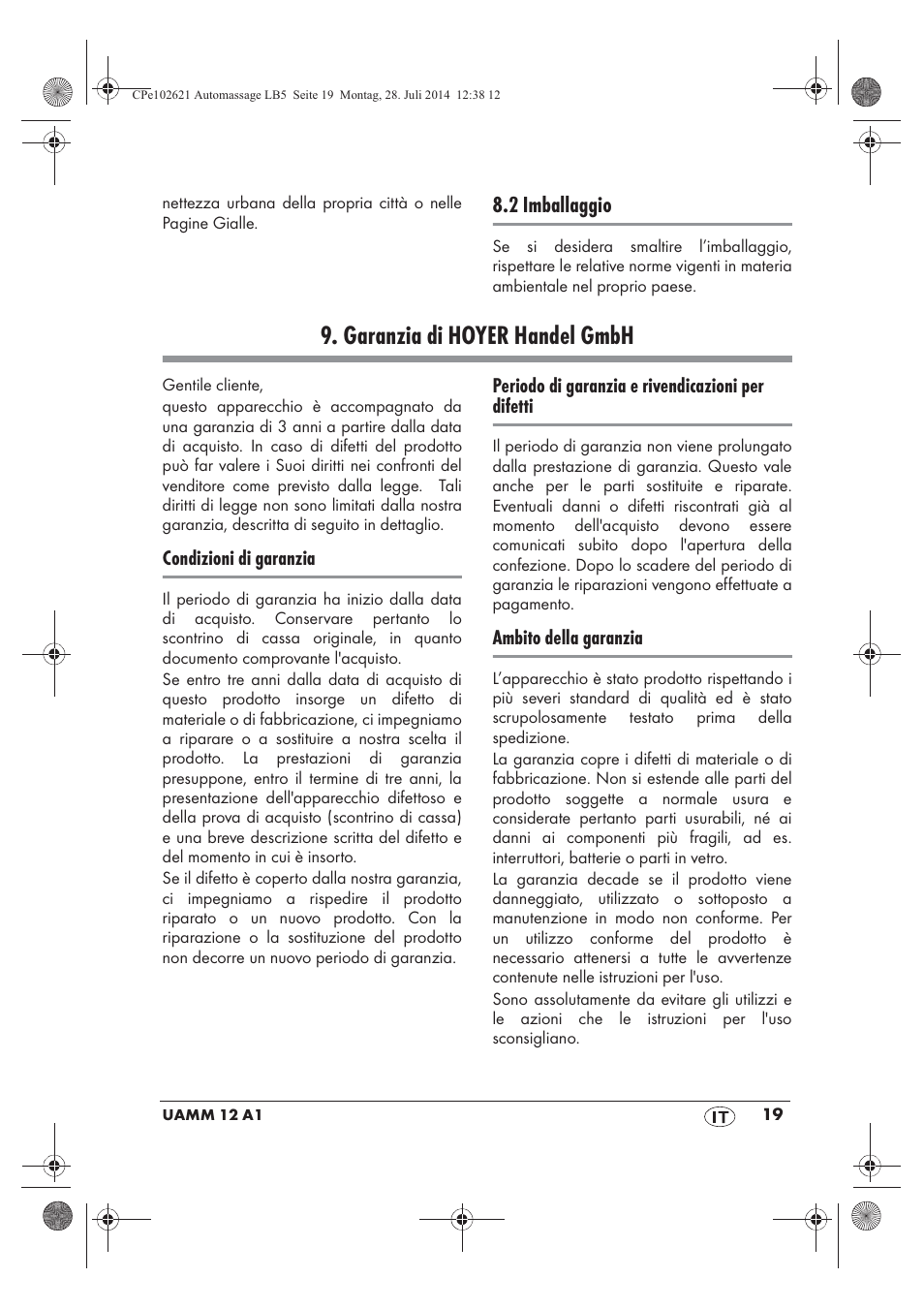 Garanzia di hoyer handel gmbh, 2 imballaggio | Ultimate Speed UAMM 12 A1 User Manual | Page 21 / 50