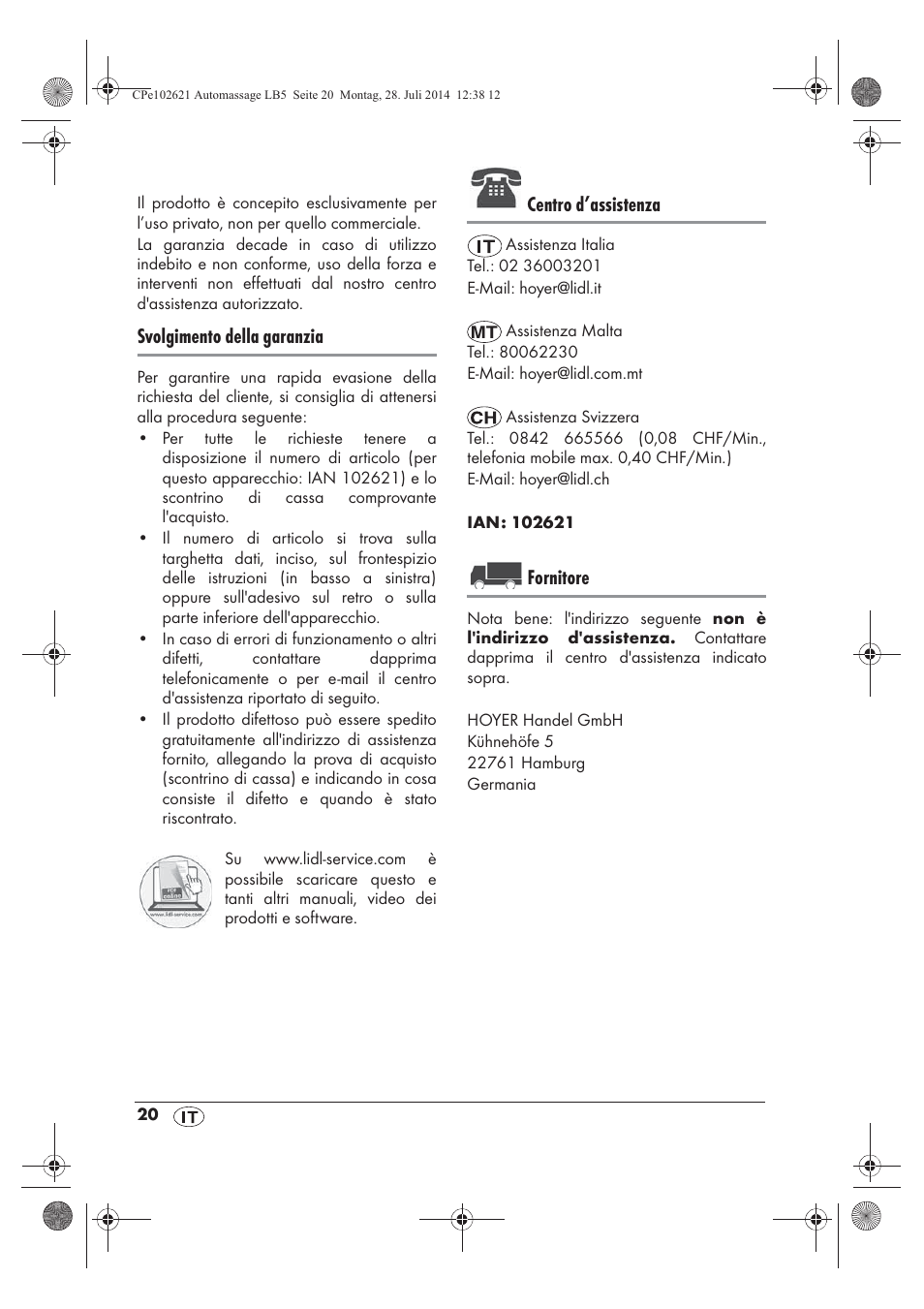 Svolgimento della garanzia, Centro d’assistenza, Fornitore | Ultimate Speed UAMM 12 A1 User Manual | Page 22 / 50