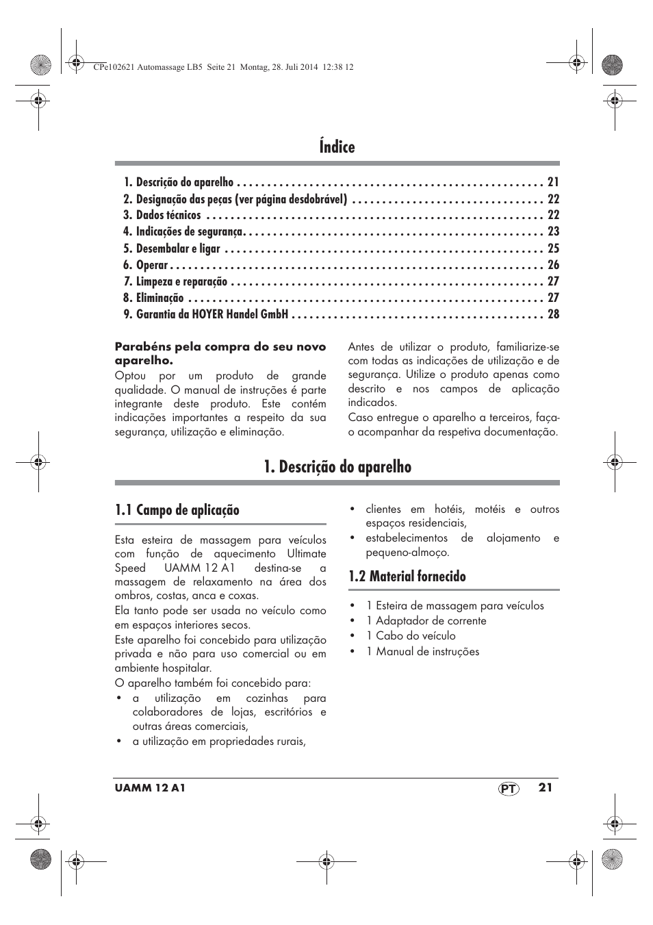 Índice, Descrição do aparelho, 1 campo de aplicação | 2 material fornecido | Ultimate Speed UAMM 12 A1 User Manual | Page 23 / 50